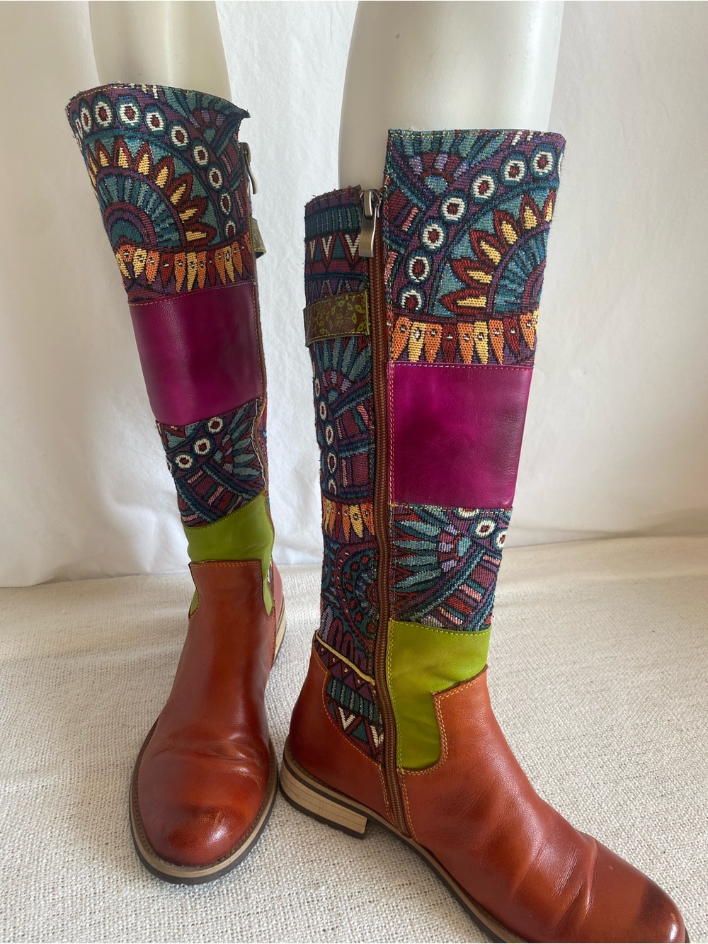 Artsy Lagenlook SOCOFY EU 40 Leather Tapestry Boho Knee High Eclectic Boots